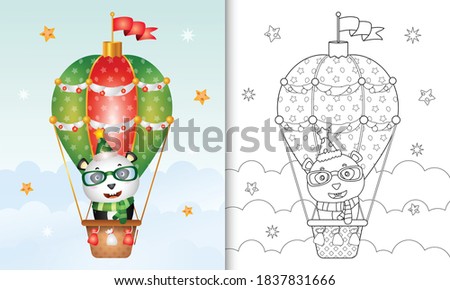 coloring book with a cute panda christmas characters on hot air balloon with a santa hat, jacket and scarf