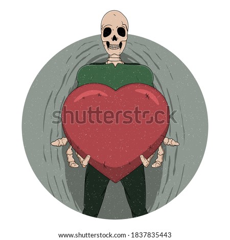 Skeleton holding heart symbol vintage art. A happy skeleton shows its feelings