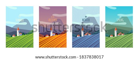 Rural area landscape flat style vector illustration. Autumn, winter, spring, summer seasons scenery. Scenic countryside views. Banner, poster, invitation, greeting card vertical templates collection.
