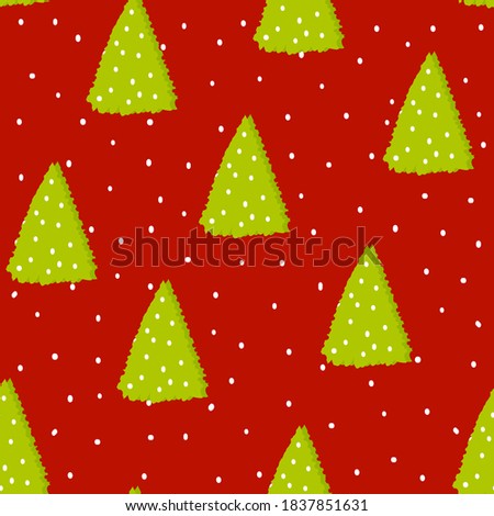 Seamless hand drawn pattern for christmass or new year with cute pine tree and snowflakes on red background,template for textile,wallpaper,packaging and wrapping paper, cover design,holiday decoration