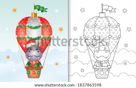 coloring book with a cute hippo christmas characters on hot air balloon with a santa hat, jacket and scarf