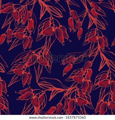 Seamless botanical pattern with branches, leaves and berries. Watercolor botanical background. Background for textile, paper and other print and web projects.