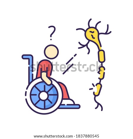 Multiple sclerosis RGB color icon. Handicapped man in wheelchair. Neurology problem. Trauma treatment. Invalid with immune disease. Patient with spine injury. Isolated vector illustration