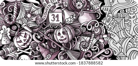 Happy Halloween day doodle banner design. Cartoon background. Celebration flyer template. Monochrome vector holiday illustration
