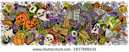 Happy Halloween hand drawn cartoon doodles illustration. Holiday funny objects and elements design. Creative art background. Colorful vector banner