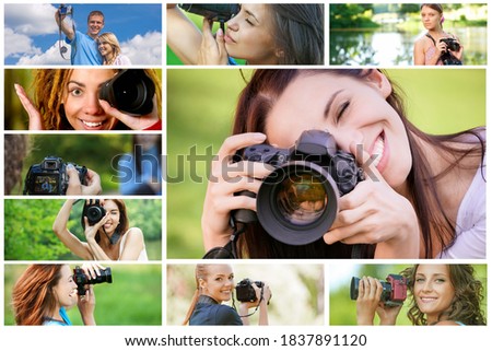 Photo collage Young women and men is photographed by a professional camera.