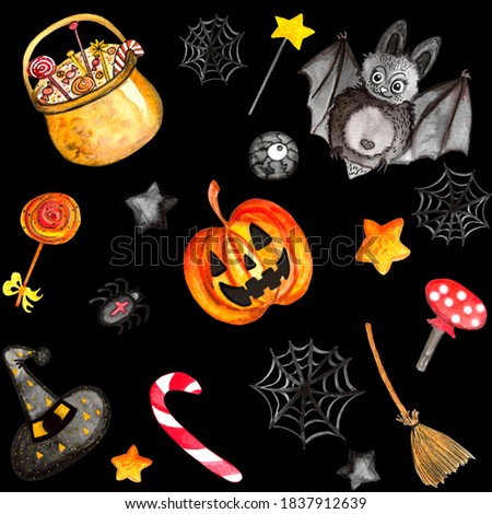 Halloween seamless pattern with bats, pumpkin, cauldron. For textiles, prints, wallpapers, stickers.