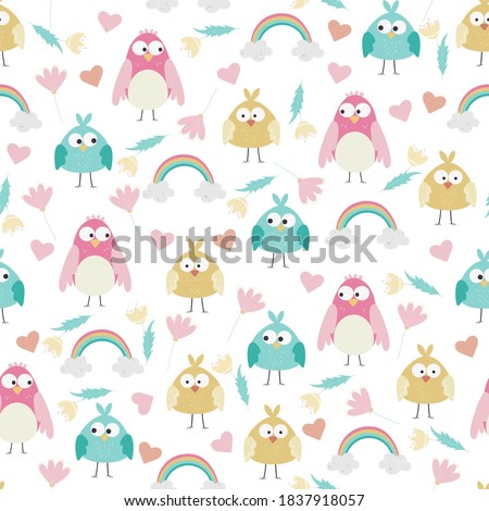  pattern with cute cartoon  owls, flowers and rainbow.