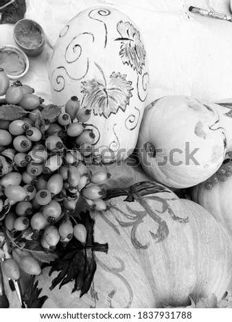 Black and white photos of pumpkins, rosehip berries and gouache paints.
