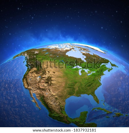 Surface of Planet Earth viewed from a satellite, focused on North America. Physical map of The United States USA and Canada. 3D illustration - Elements of this image furnished by NASA.