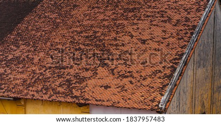 Close-up picture of old grunge orange roof with dirty texture. Many curved scales are overlapping each other. The houses are yellow and pale white mortar. Idea for vintage wallpaper with copy space.