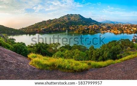 Mount Abu and Nakki lake aerial panoramic view. Mount Abu is a hill station in Rajasthan state, India. Royalty-Free Stock Photo #1837999957