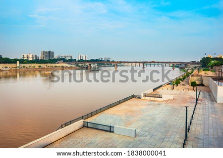 Sabarmati riverfront aerial view near Gandhi Ashram in the city of Ahmedabad, Gujarat state of India Royalty-Free Stock Photo #1838000041