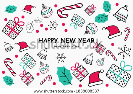 Happy New Yaer hand drawn background with flat icon vector template for graphic design. Greeting card design for  winter holiday with gift and Xmas candys. Eps 10 vector