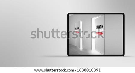 Device with door opening to invite for shopping, black friday, sales concept. Flyer with copyspace. Cyber monday and online purchases, negative space for ad. Finance and money. Grey background.
