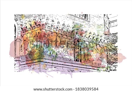 Building view with landmark of Barcelona is a city on the coast of northeastern Spain. Watercolor splash with hand drawn sketch illustration in vector.