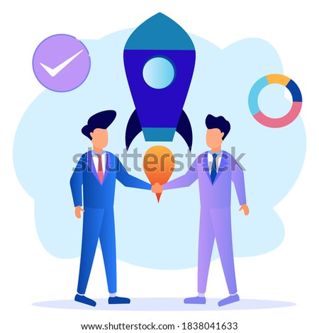 Vector illustration of people around rocket of spaceship taking off. successful teamwork in startup vectors.
