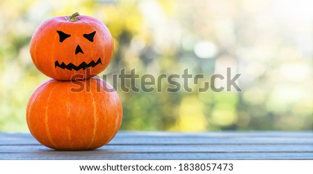 Two Halloween pumpkins stand on top of each other on a wooden background on a Sunny day. Banner