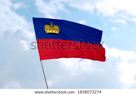 Flag of Liechtenstein in front of blue sky
