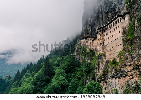 Sumela monasterie from Trabzon aerial view of Sumela Royalty-Free Stock Photo #1838082868