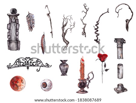 Big set of horror graphic isolated elements in gothic style. Spooky tree, branch, ruins, candle, bloody eye, moon. Halloween and mystical decoration. Watercolor isolated drawings on white background.