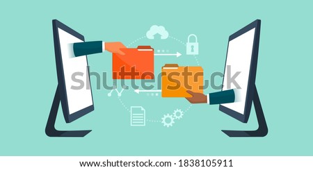 Business team working remotely and exchanging files online, data transfer tools concept Royalty-Free Stock Photo #1838105911
