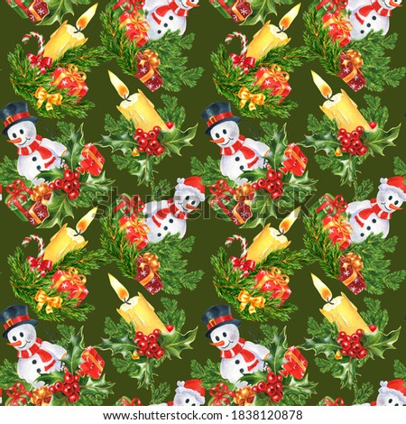 Seamless christmas pattern on dark background, watercolor. Template design for textiles, interior, clothes, wallpaper, wrapper.
