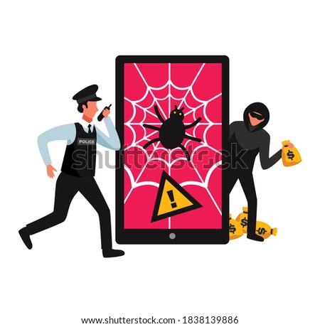 Hacker composition with view of phone screen occupied by spiders net with robber and policeman characters vector illustration