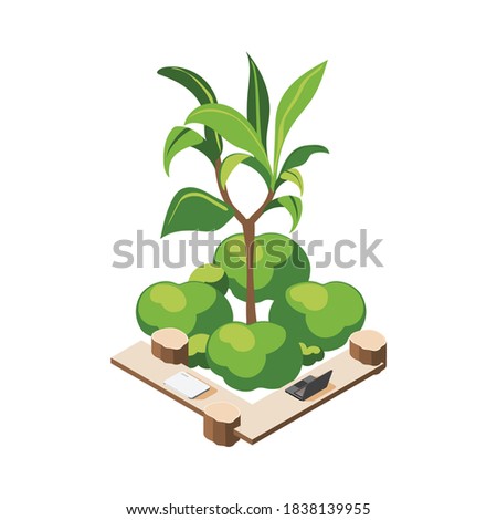 Green office isometric composition with icons of plants with leaves and workplace with wooden tables vector illustration