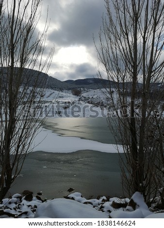  a frozen lake. A snowy mountain and snow-covered pine trees are seen in the background. The photo is a beautiful winter image.