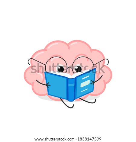 Cute smart cartoon brain in glasses reading a book. Vector flat illustration isolated on white background 