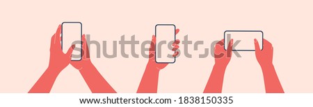 Human hands hold horizontally mobile phone with blank screen. Females arm is touching smartphone display with thumb finger. Flat colorful cartoon vector illustration.  Royalty-Free Stock Photo #1838150335