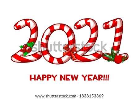 Vector greeting card or poster of Happy New Year 2021 with candy. Festive card with cute sweets on a white background.