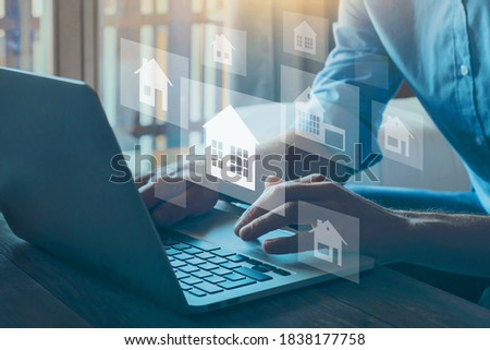 real estate concept, choose house to buy, different offers of property online on virtual screen Royalty-Free Stock Photo #1838177758