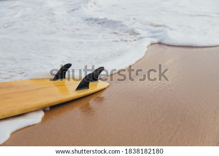 Surfboard lying on the sand beach in the foam of the ocean waves.