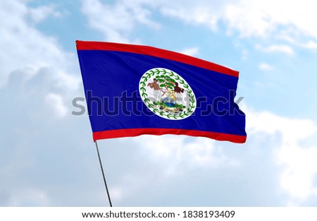Flag of Belize in front of blue sky