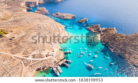 Drone shot of blue lagoon paradise, comino, Malta  Royalty-Free Stock Photo #1838198953