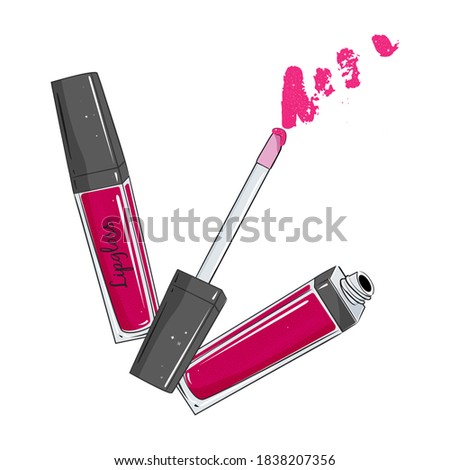 Lip gloss open and closed with brush, bright pink color isolated on white background. Vector illustration.