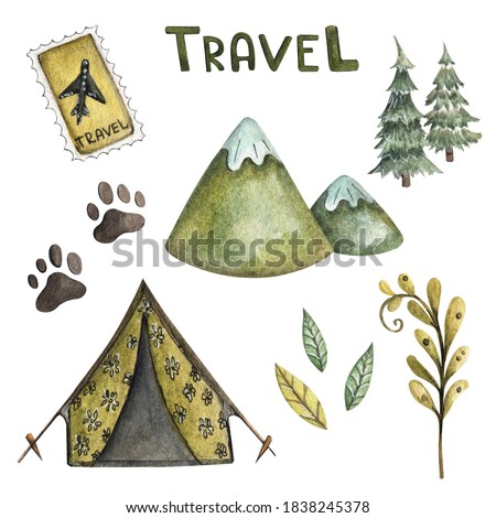 Watercolor set travel, hike, camping. Hand painted watercolor in green tones. Illustrations isolated on white background. Design for prints, posters, postcards, fabrics, clothing.