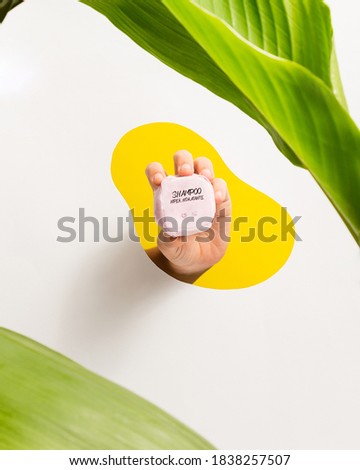 solid shampoo surrounded by plants in a white and yellow background
