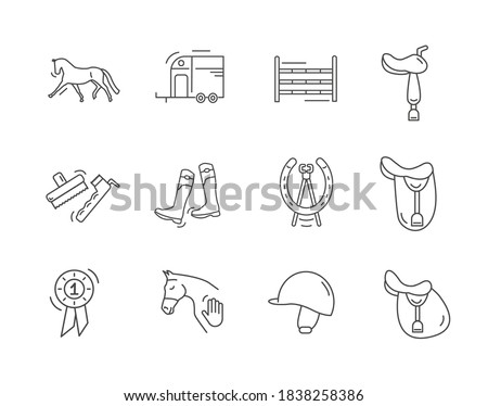 Equestrian icon lined art set. Collection of outlined horse riding icons. Vector illustration on white background.  Royalty-Free Stock Photo #1838258386