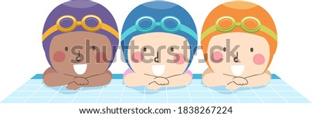 Illustration of Kids Swimmers Wearing Swimming Cap and Goggles Smiling from the Side of a Pool