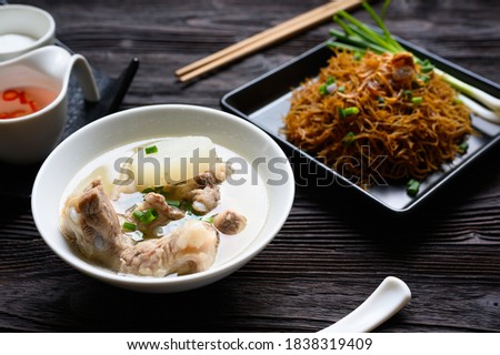 Rice noodles with pork bone stock , phuket thailand street food