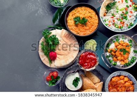 Traditional Indian cuisine. Indian recipes food various. Top view, copy space