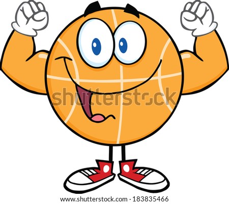 Happy Basketball Cartoon Character Showing Muscle Arms. Raster Illustration Isolated on white