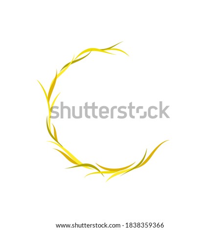 Round wreath or crown with gold and brown ears of wheat, barley or rye and blades of grass. Vector nature illustration isolated on black. Gold and yellow colors. Harvest card. Autumn clip art