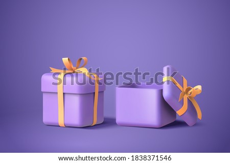 3d illustration of two purple gift boxes with bows and ribbons, isolated on purple background Royalty-Free Stock Photo #1838371546