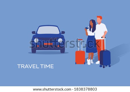 Illustration of journey of couple in love they stay with suitcases in background with car. Travel and vacation time.