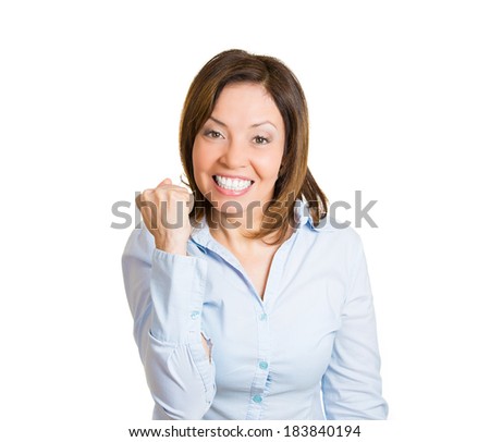 Closeup portrait, beautiful excited, energetic, happy, business student woman winner, arms, fists pumped celebrating success, isolated white background. Positive human emotion, facial expression