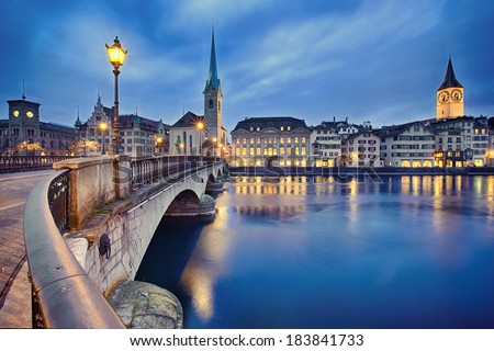 view on Fraumunster Church and Church of St. Peter at night, Zurich, Switzerland Royalty-Free Stock Photo #183841733